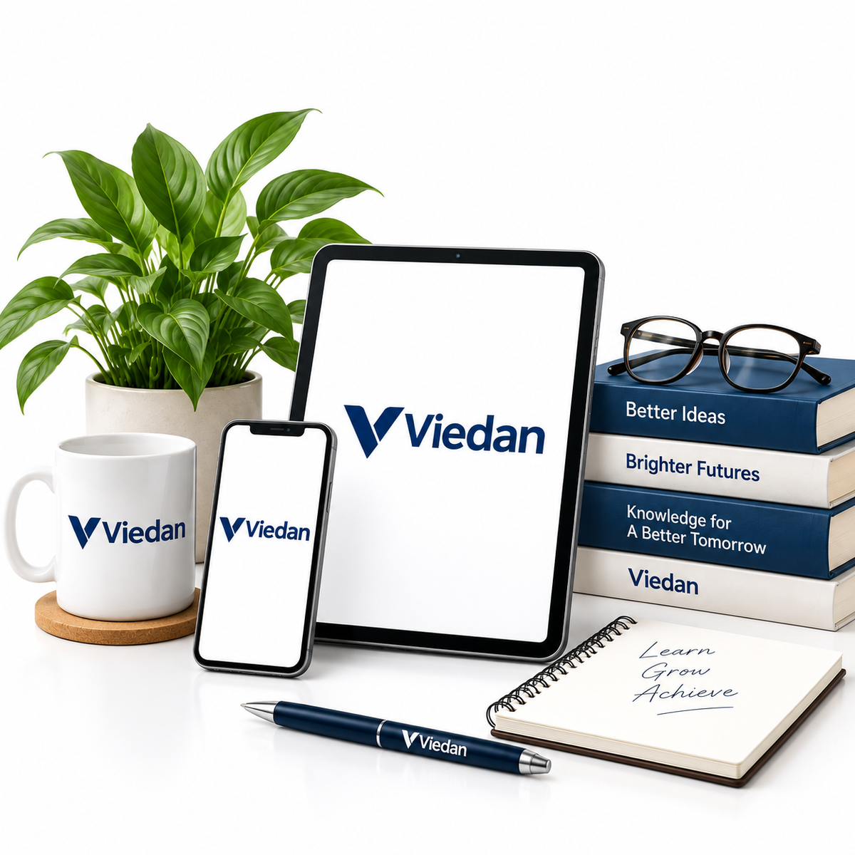 Books, Viedan mug and plant